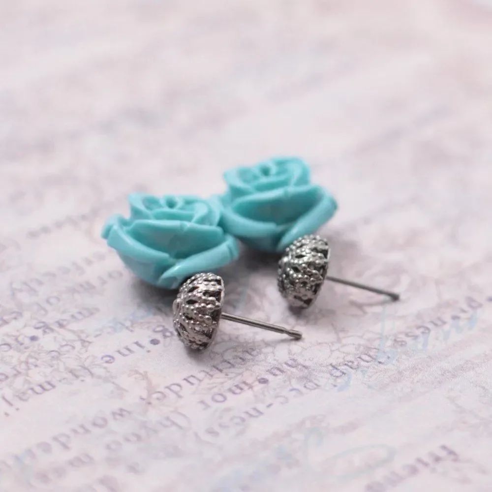 Turquoise Rose Silver Filigree Post Earrings - Picture 5 of 5